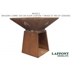 BRASERO CARRE 100 CM ACIER CORTEN + TIRAGE ET RECUP. CENDRES